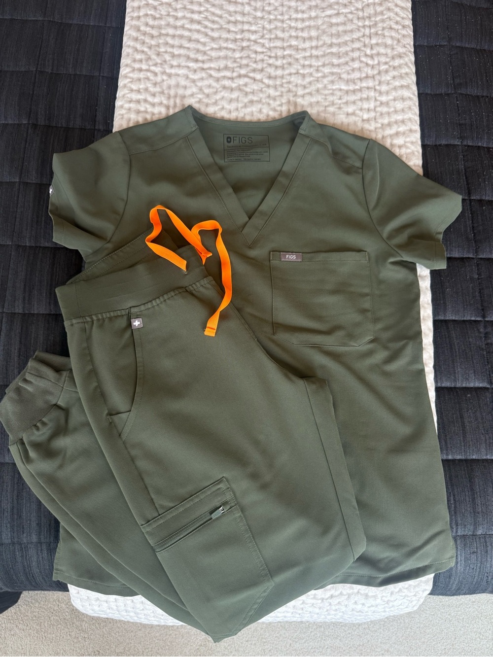 Figs Olive Green Scrub Set with Orange Drawstring Accent
